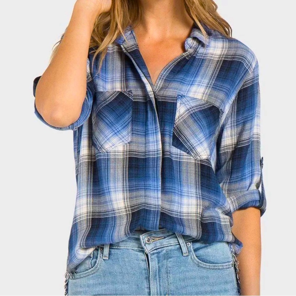 LIKE NEW Cloth & Stone Fray Hem/Split Back Button Down Plaid Shirt, Sz XS